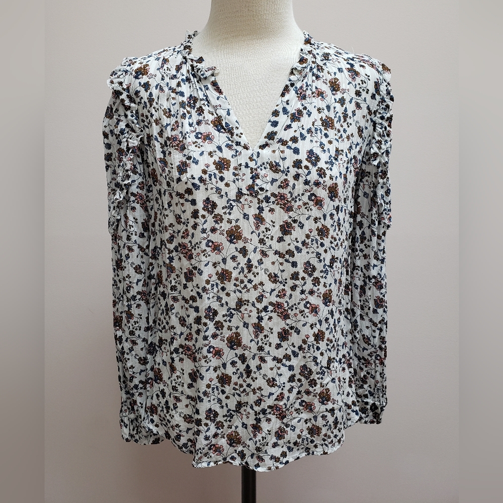 Loft White, Pink, and Blue Floral Print Ruffle Long Sleeve Blouse, Size XS